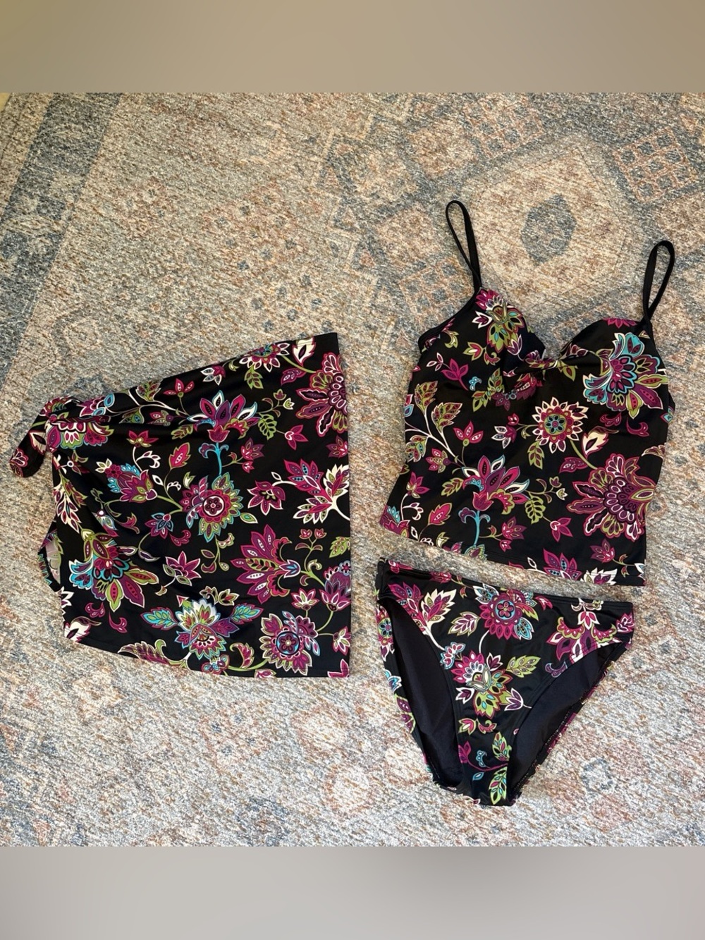Victoria's Secret Black Floral Tankini Set with Pink & Green Accents